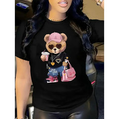 Cartoon Bear Print Cotton Oversized Short Sleeve Tee Crew Neck Streetwear Top