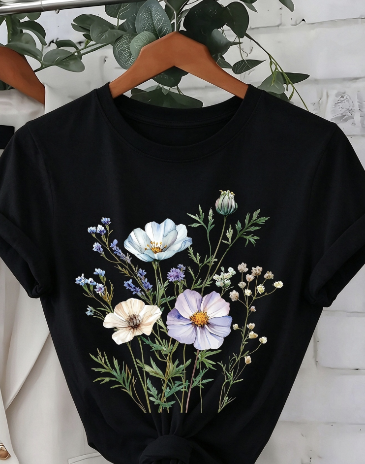 Women's Round Neck Short Sleeve Floral Print T-Shirt, Casual Fashionable Comfortable Tee for Spring Summer Fall