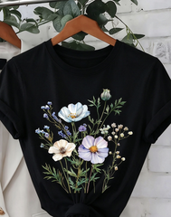 Women's Round Neck Short Sleeve Floral Print T-Shirt, Casual Fashionable Comfortable Tee for Spring Summer Fall