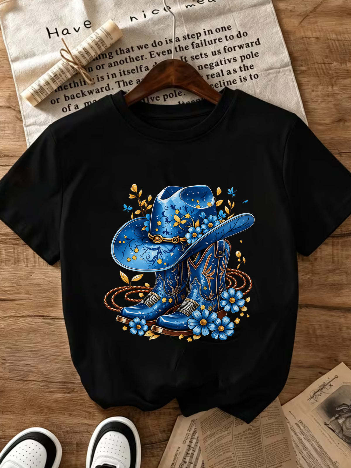 Women Blue Western Cowboy Boots & Hat Floral Graphic T-Shirt, Country Cowgirl Style Crew Neck Short Sleeve Tee
