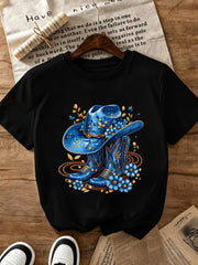 Women Blue Western Cowboy Boots & Hat Floral Graphic T-Shirt, Country Cowgirl Style Crew Neck Short Sleeve Tee