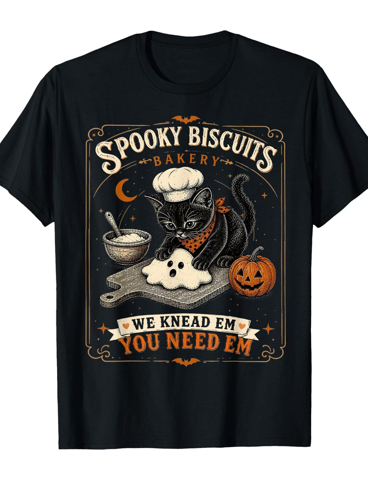 Spooky Biscuits Bakery T-Shirt, We Knead Em You Need Em Black Cat Graphic Tee