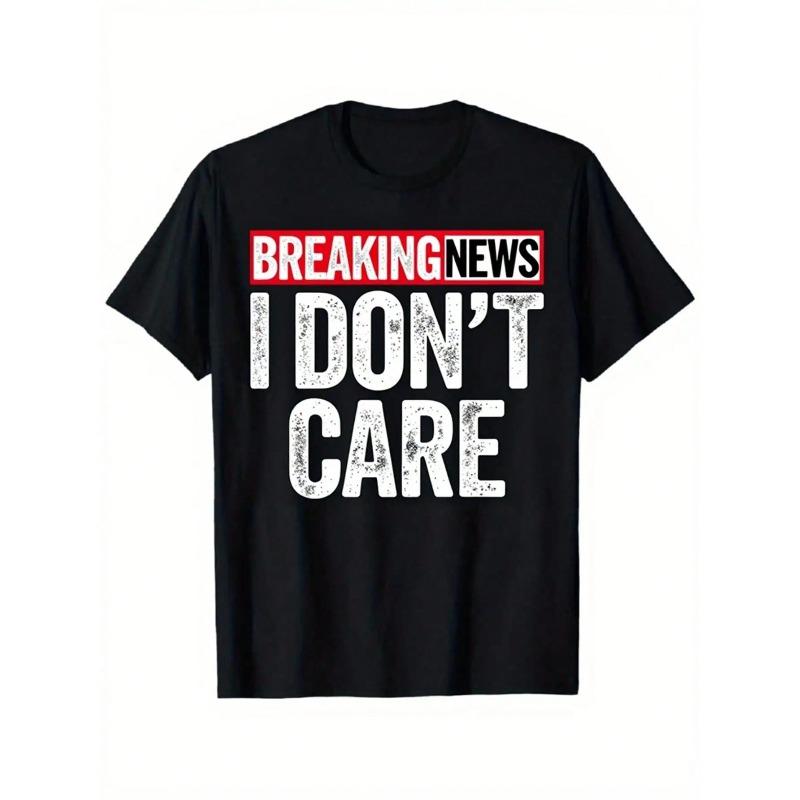 Men'S Heavyweight 180gsm T-Shirt - "Breaking News I Don't Care" Graphic Print, Black With White & Red Lettering, Soft Stretch Crewneck Short Sleeve Casual Streetwear Tee For Daily Wear, Gym, Festivals - Ideal Gift For Dad, Husband