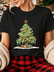 Christmas Short Sleeve TShirt Green Christmas Tree with Colorful Lights And Seashells Print, Cute T-Shirt, 2026 Casual Top