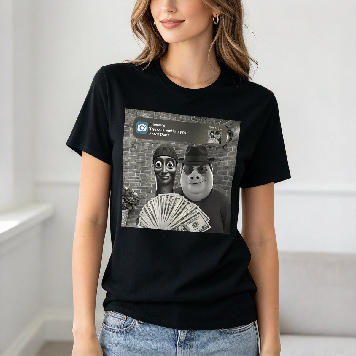 Holding Money People Graphic Crew Neck Tee Digital Print Loose Streetwear Short Sleeve