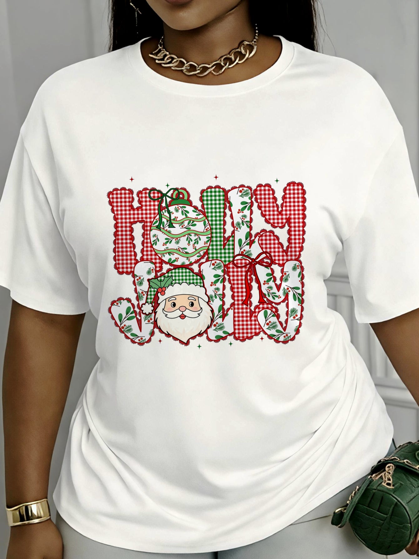 Women's Holly Jolly Santa Claus Unisex Graphic T-Shirt, Buffalo Plaid Christmas Holiday Tee
