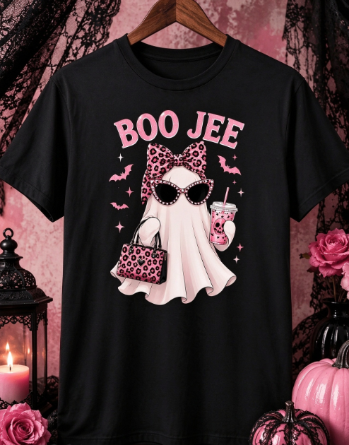 Boo Jee Leopard Ghost Coffee Halloween Boujee Unisex T-Shirt, Retro Casual Round Neck Printed Top, Funny Ghost Graphic Tee for Women