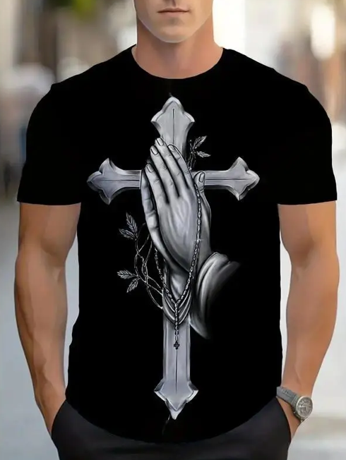 Men's Cross Prayer Hands T-Shirt, Casual Sports Fitness Top, Crew Neck Short Sleeve Shirt for Men