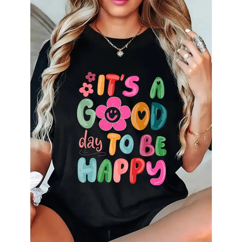 Its A Good Day To Be Happy Boho Print Short Sleeve Tee Crew Neck Casual Top