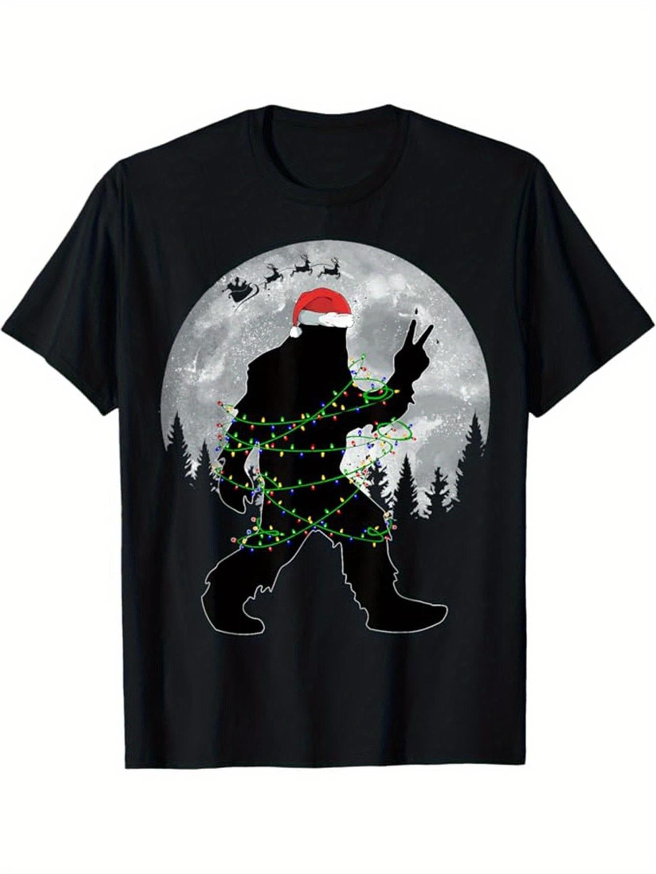Bigfoot Christmas T-Shirt, Funny Sasquatch Santa Hat with Lights Graphic Tee, Xmas Moon Reindeer Casual Top