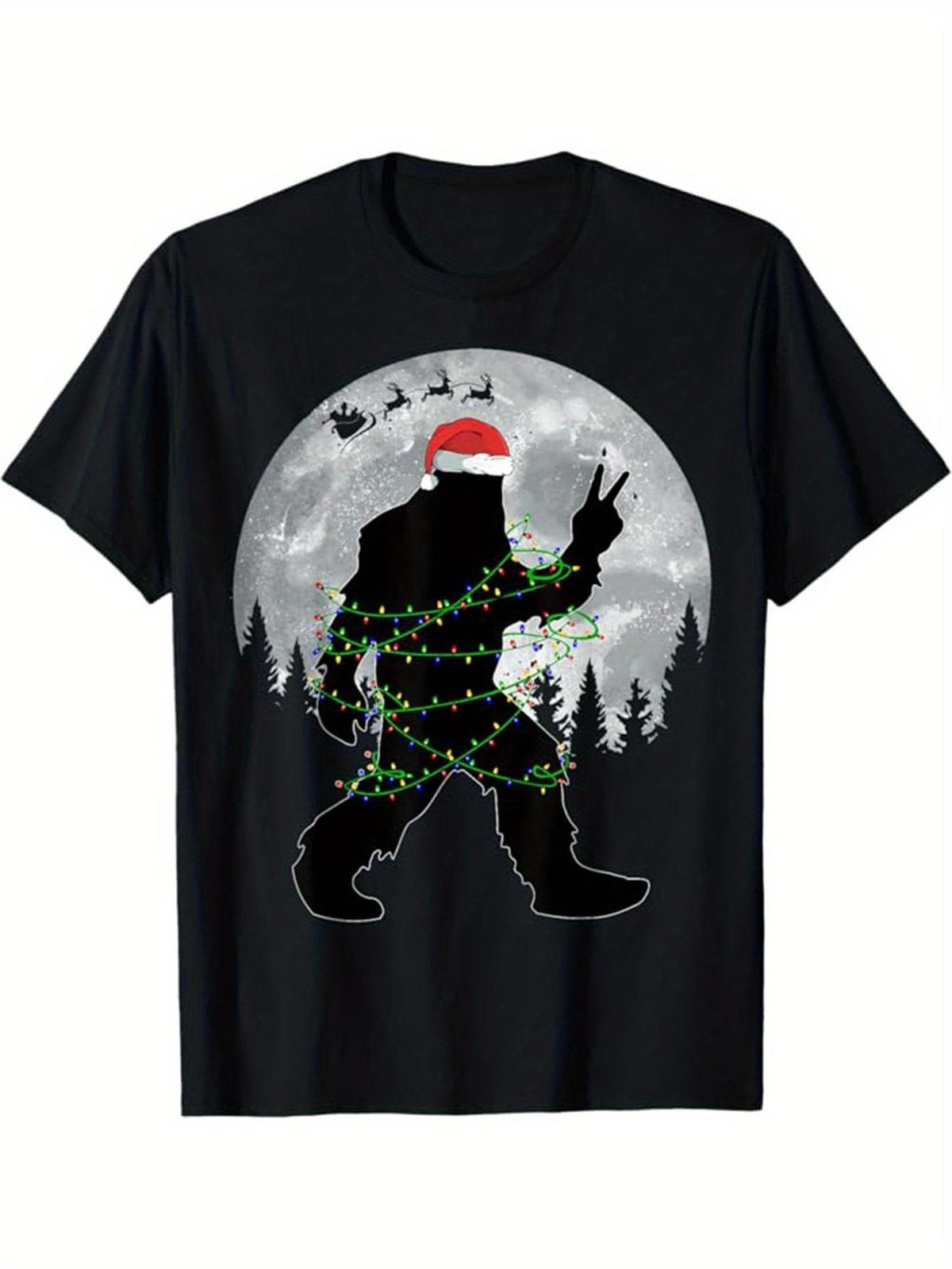 Bigfoot Christmas T-Shirt, Funny Sasquatch Santa Hat with Lights Graphic Tee, Xmas Moon Reindeer Casual Top