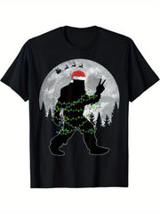 Bigfoot Christmas T-Shirt, Funny Sasquatch Santa Hat with Lights Graphic Tee, Xmas Moon Reindeer Casual Top
