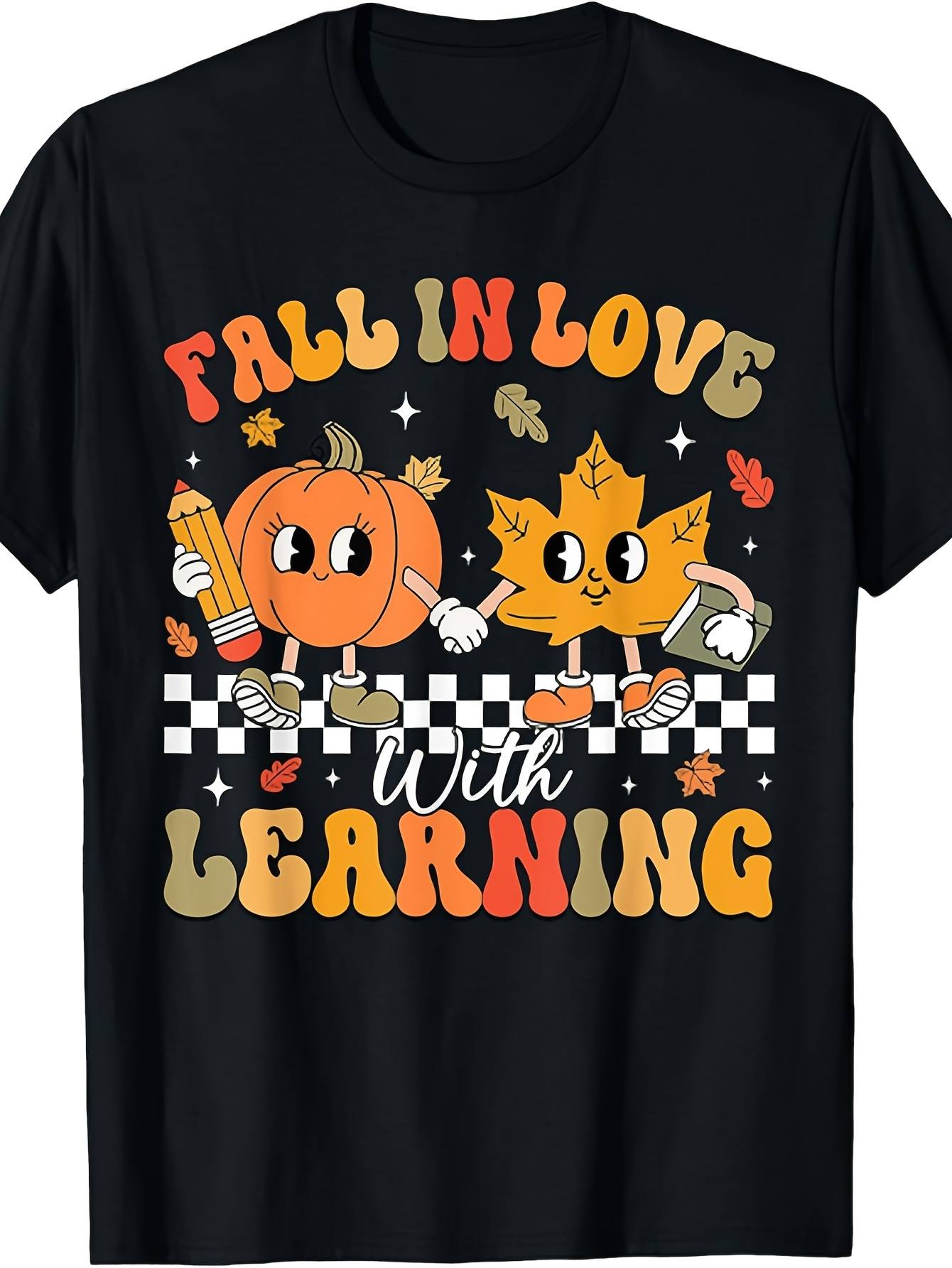 Vintage Love of Learning T-Shirt, Cute Pumpkin Maple Leaf Holding Hands Graphic Tee, Fall Back to School Teacher Shirt, Casual Crew Neck Short Sleeve Top