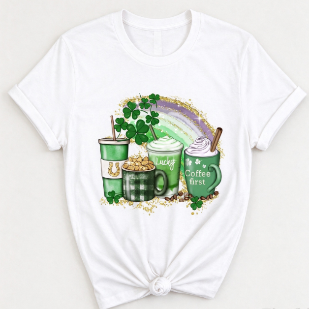St Patrick's Day Coffee T-Shirt, Shamrock Irish Cups Graphic Tee, Lucky Casual Crew Neck Short Sleeve Top, Gift for Coffee Lovers