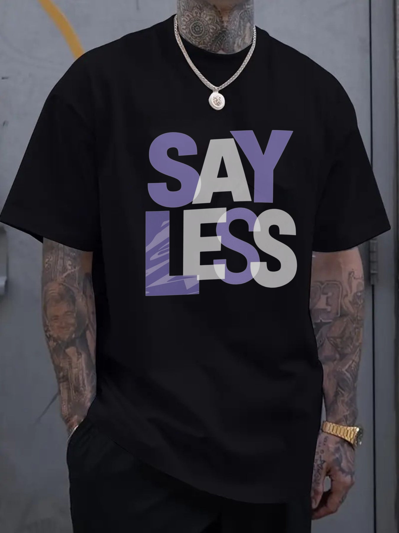 Men's Say Less T-Shirt, Purple Grey Graphic Print Tee, Funny Slogan Short Sleeve Casual Top