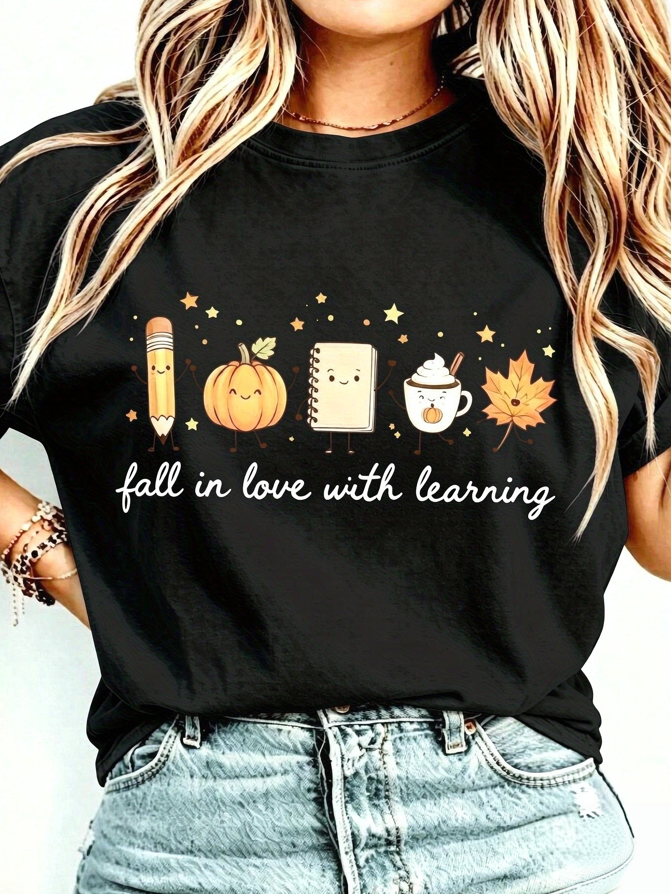 Fall Teacher Graphic Tee for Women, Fall in Love with Learning Pumpkin Spice Coffee Maple Leaf Back to School Short Sleeve T-Shirt