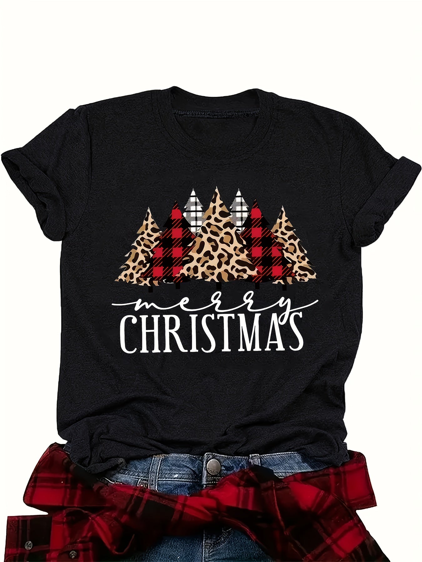 Merry Christmas Tree T-Shirt for Women, Leopard Buffalo Plaid Cute Holiday Shirt