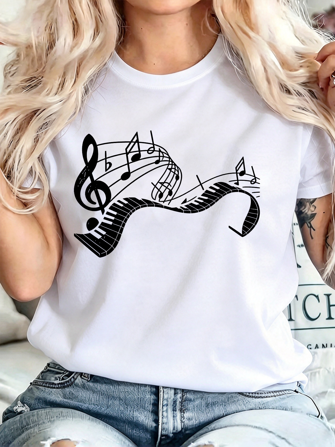 Women Music Note Piano Keyboard Graphic T-Shirt, Music Lover Casual Short Sleeve Tee