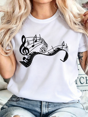 Women Music Note Piano Keyboard Graphic T-Shirt, Music Lover Casual Short Sleeve Tee