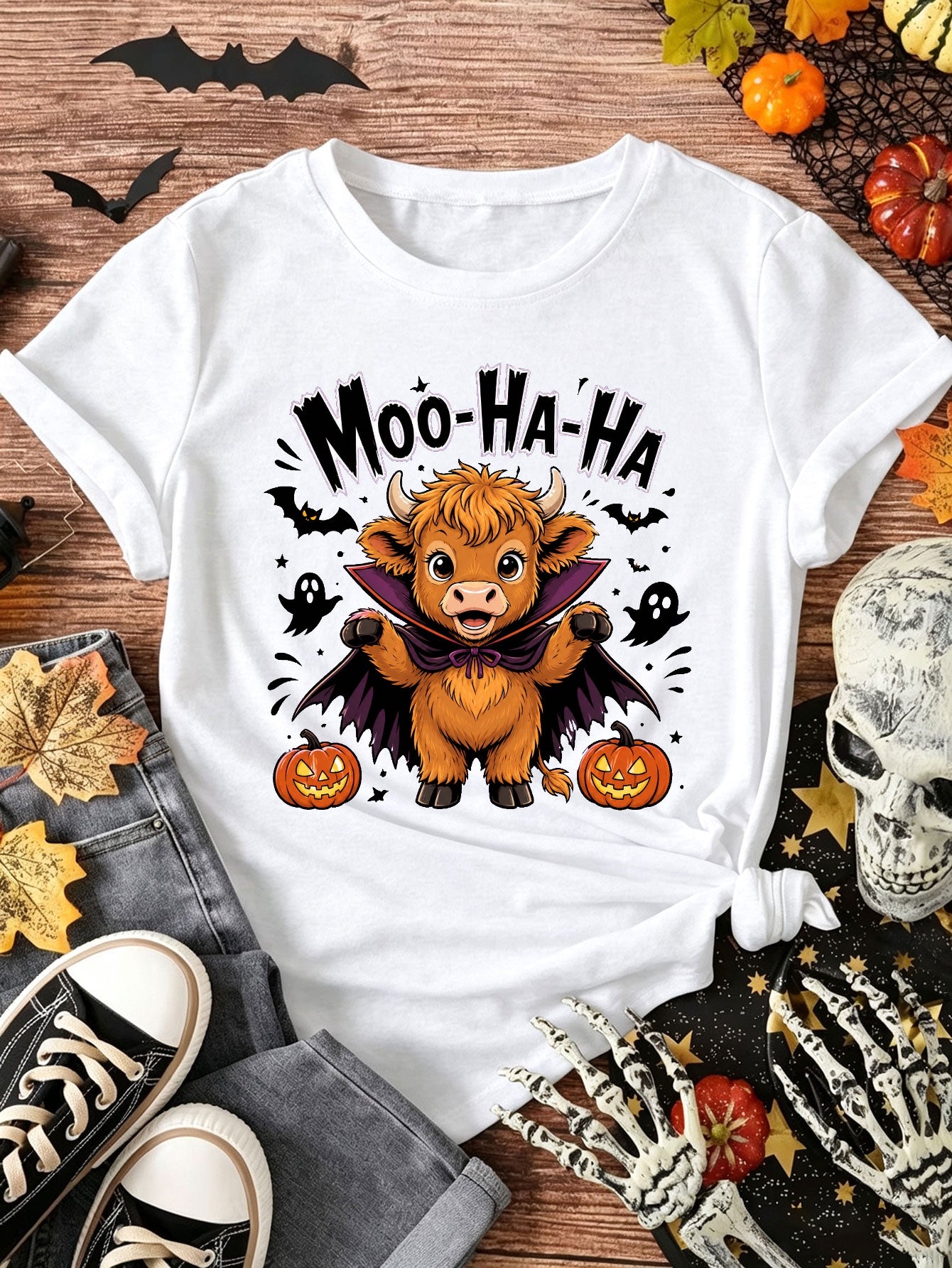 Women's Crew Neck TShirt Cute Highland Cow Halloween Graphic Tee Short Sleeve Funny Moo Ha Ha Costume Shirt