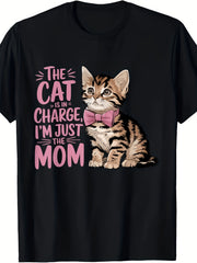 The Cat Is In Charge I'm Just The Mom Graphic T-Shirt, Cute Tabby Kitten with Pink Bow Tie, Short Sleeve Tee, Cat Lover Casual Top