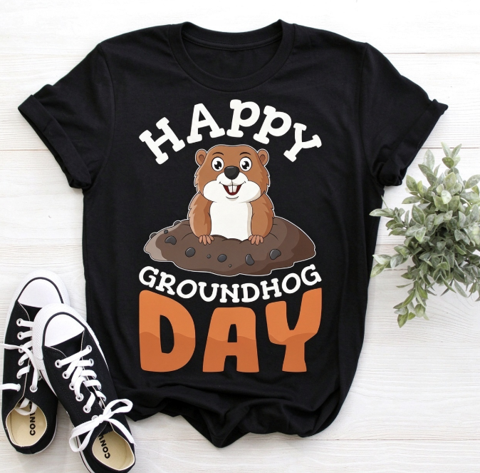 Happy Groundhog Day Graphic T-Shirt, Cute Groundhog Animal Lover Tee, Funny Woodchuck Holiday Top for Men Women, Festive Groundhog Day Gift