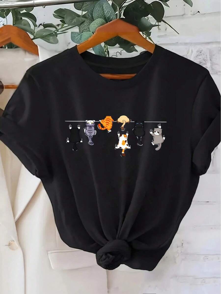 Cute Hanging Cats On Clothesline Graphic T-Shirt, Unisex Funny Cartoon Kitten Casual Short Sleeve Tee
