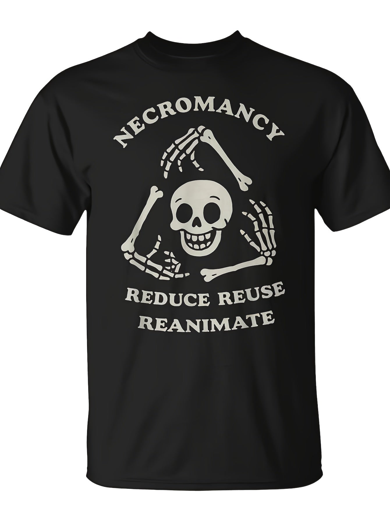 (ON BACK) Men's Necromancy Reduce Reuse Reanimate Skull Skeleton Graphic T-Shirt, Funny Halloween Casual Short Sleeve Tee