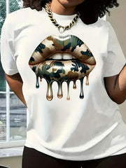 Women's Camo Dripping Lips Graphic T-Shirt, Casual Short Sleeve Crew Neck Tee