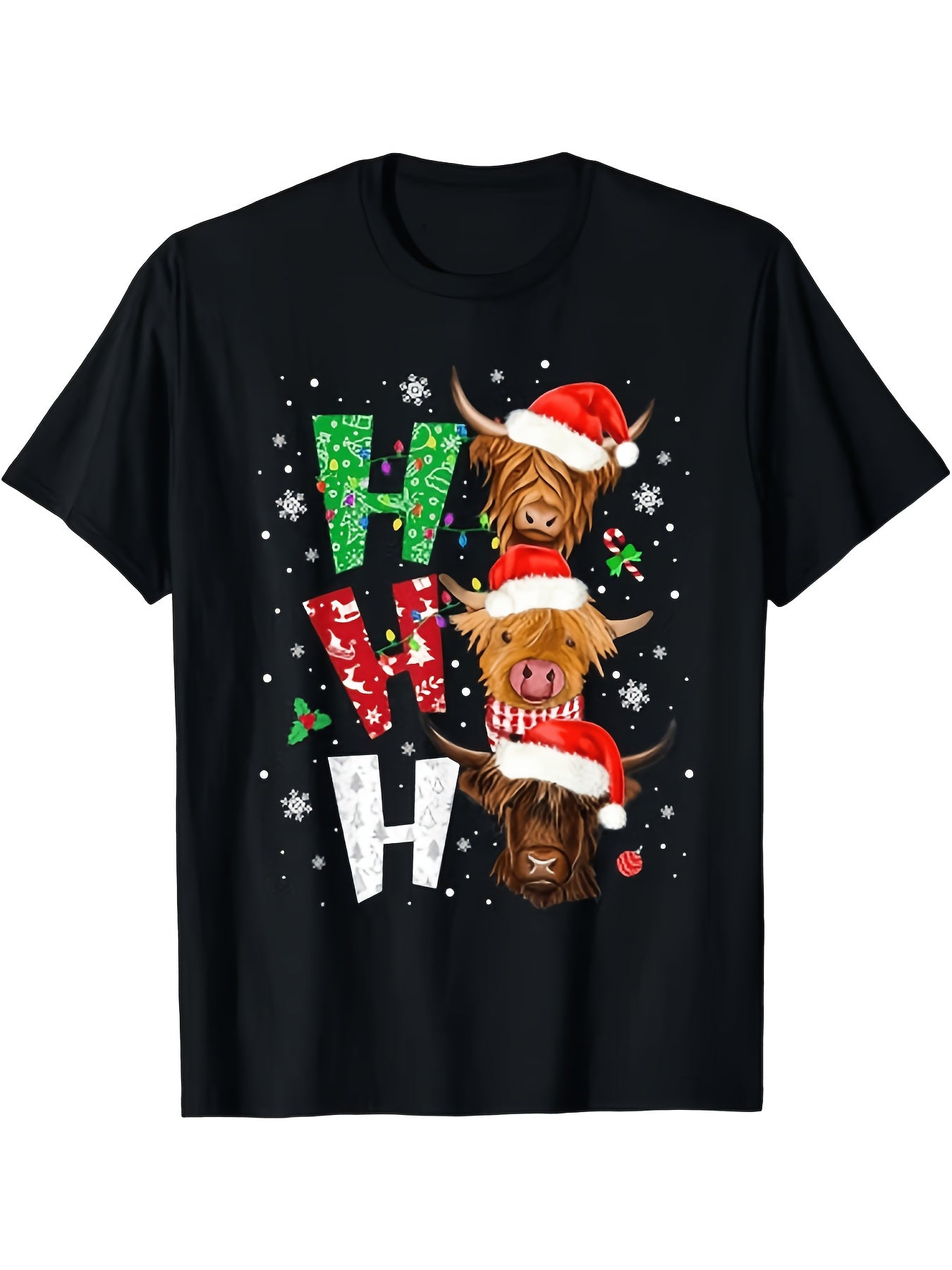 Christmas Highland Cattle Cow Santa Hat Xmas Light T Shirt All-Season Humor Men'S T-Shirt