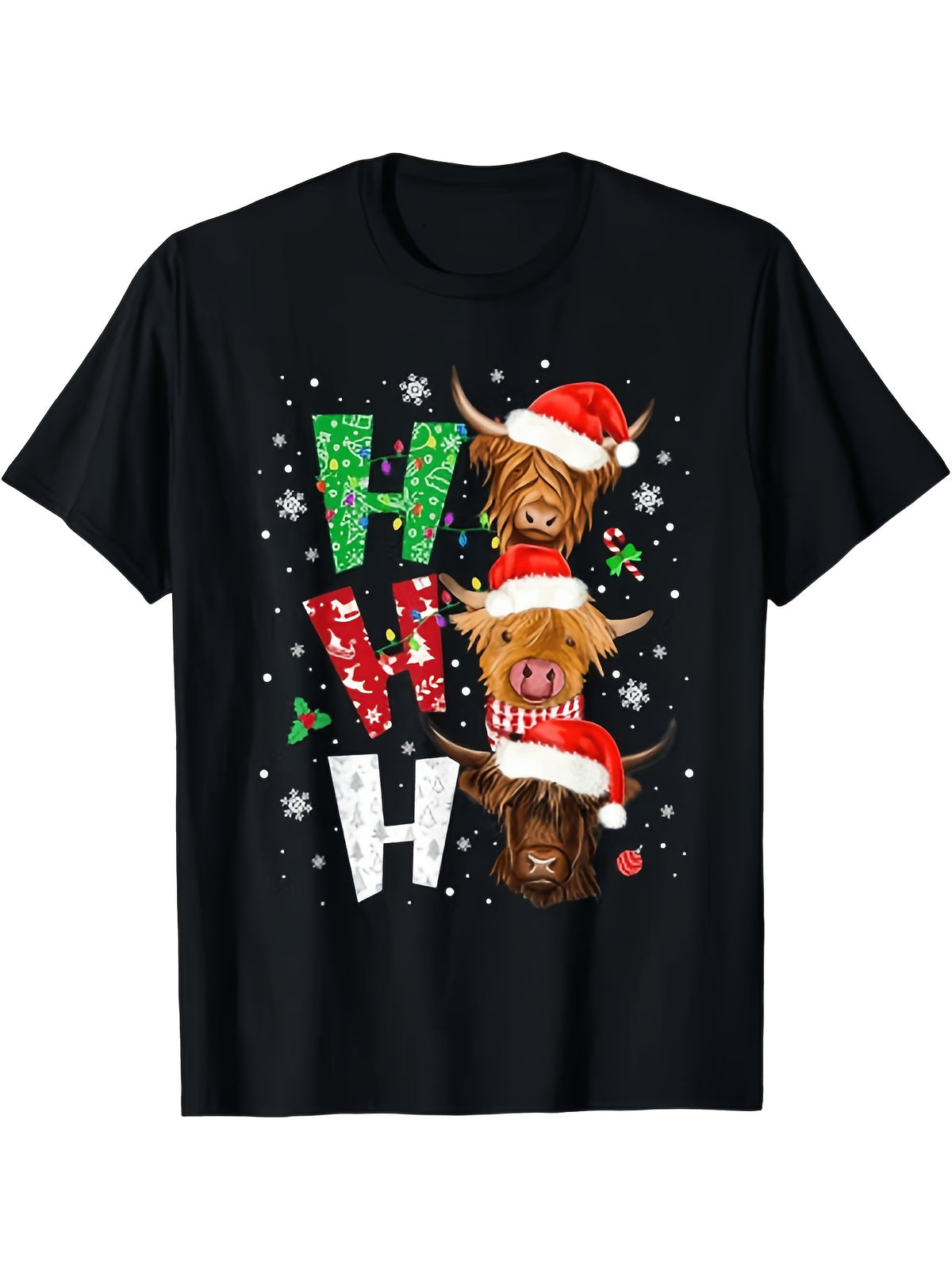 Christmas Highland Cattle Cow Santa Hat Xmas Light T Shirt All-Season Humor Men'S T-Shirt