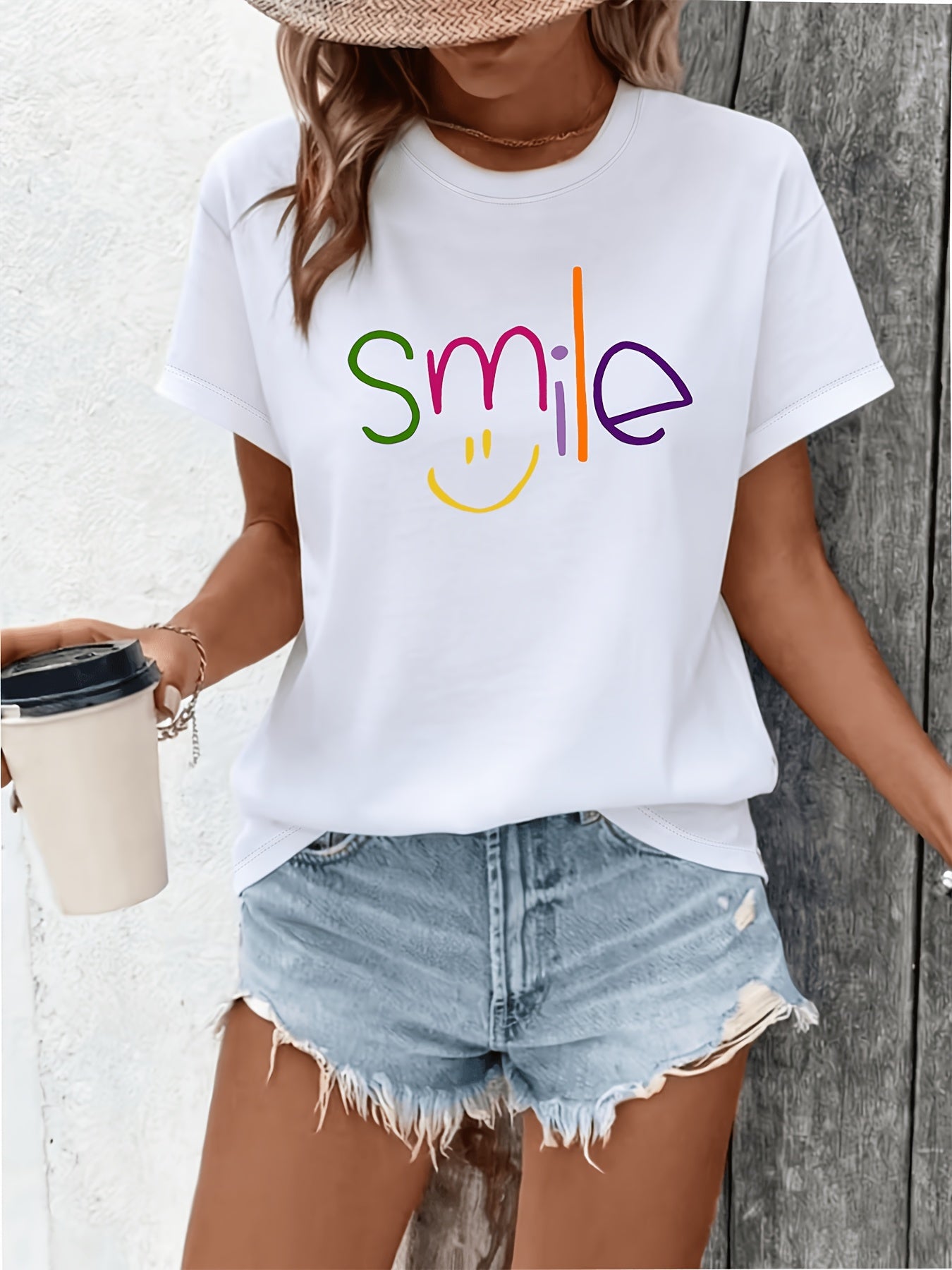 Fashion Smile Letter Print Women's T-Shirt, Loose Fit Round Neck Short Sleeve Casual Tee, Summer Energetic Versatile Basic Top
