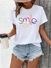 Fashion Smile Letter Print Women's T-Shirt, Loose Fit Round Neck Short Sleeve Casual Tee, Summer Energetic Versatile Basic Top