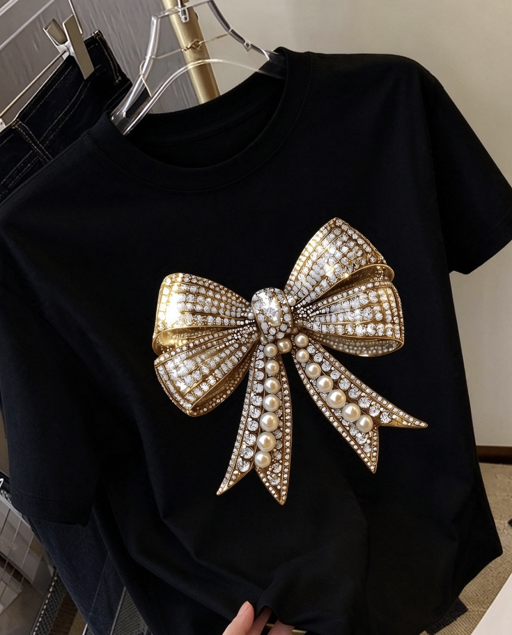 Women's Y2K Bow Print T-Shirt, Short Sleeve Round Neck Top, Sparkling Decorative Pattern Casual Blouse for Spring Summer