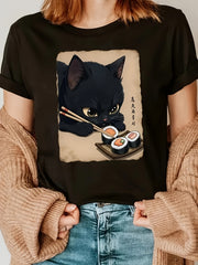 Women's Casual Short Sleeve T-Shirt, Black Cat Sushi Graphic Print, Crew Neck Summer Spring Top, Funny Anime Style Tee for Cat Lovers