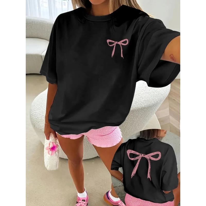 Women's Bowknot Print Round Neck Tee, Casual Chic Minimalist Short Sleeve Crew Neck T-shirt for Summer, Fashion Women's Top for Daily Wear, Lady Tshirt