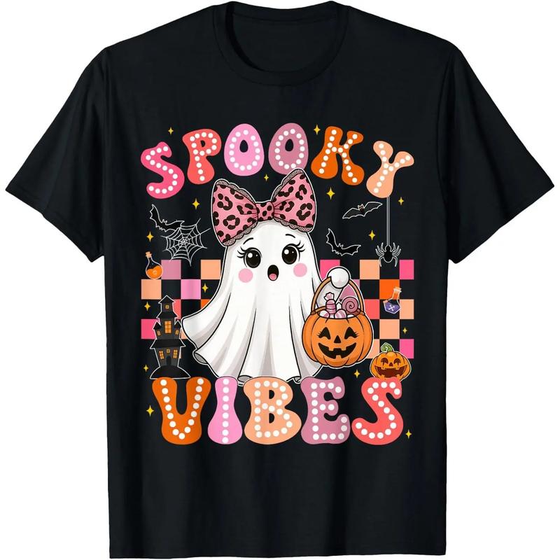 Halloween T-Shirt - Groovy Spooky Vibes, Cute Boo Ghost Design, Comfortable Casual Everyday Fashion Sports Top