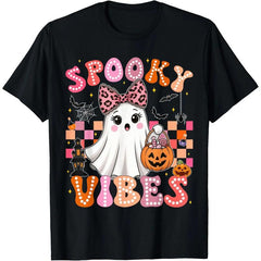 Halloween T-Shirt - Groovy Spooky Vibes, Cute Boo Ghost Design, Comfortable Casual Everyday Fashion Sports Top