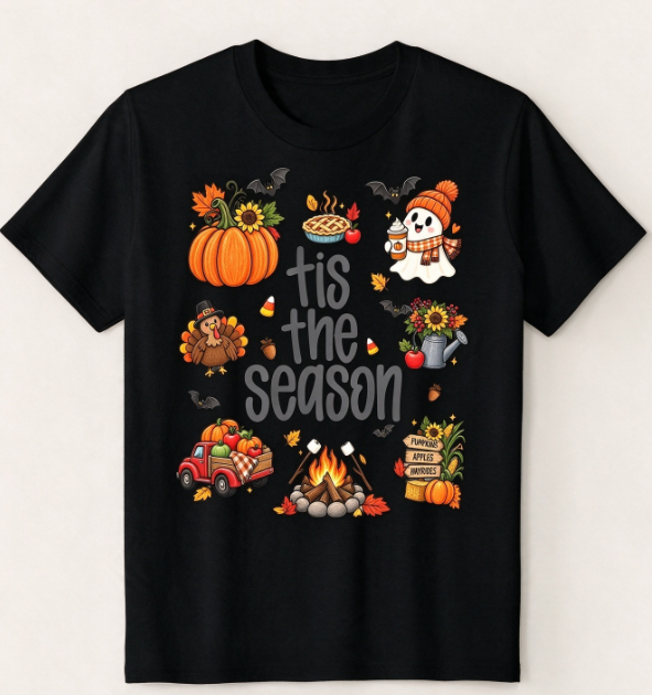 Fall T-Shirt, Tis The Season Whimsical Autumn Harvest Graphic Tee, Campfire Halloween Thanksgiving Casual Top for Women Men