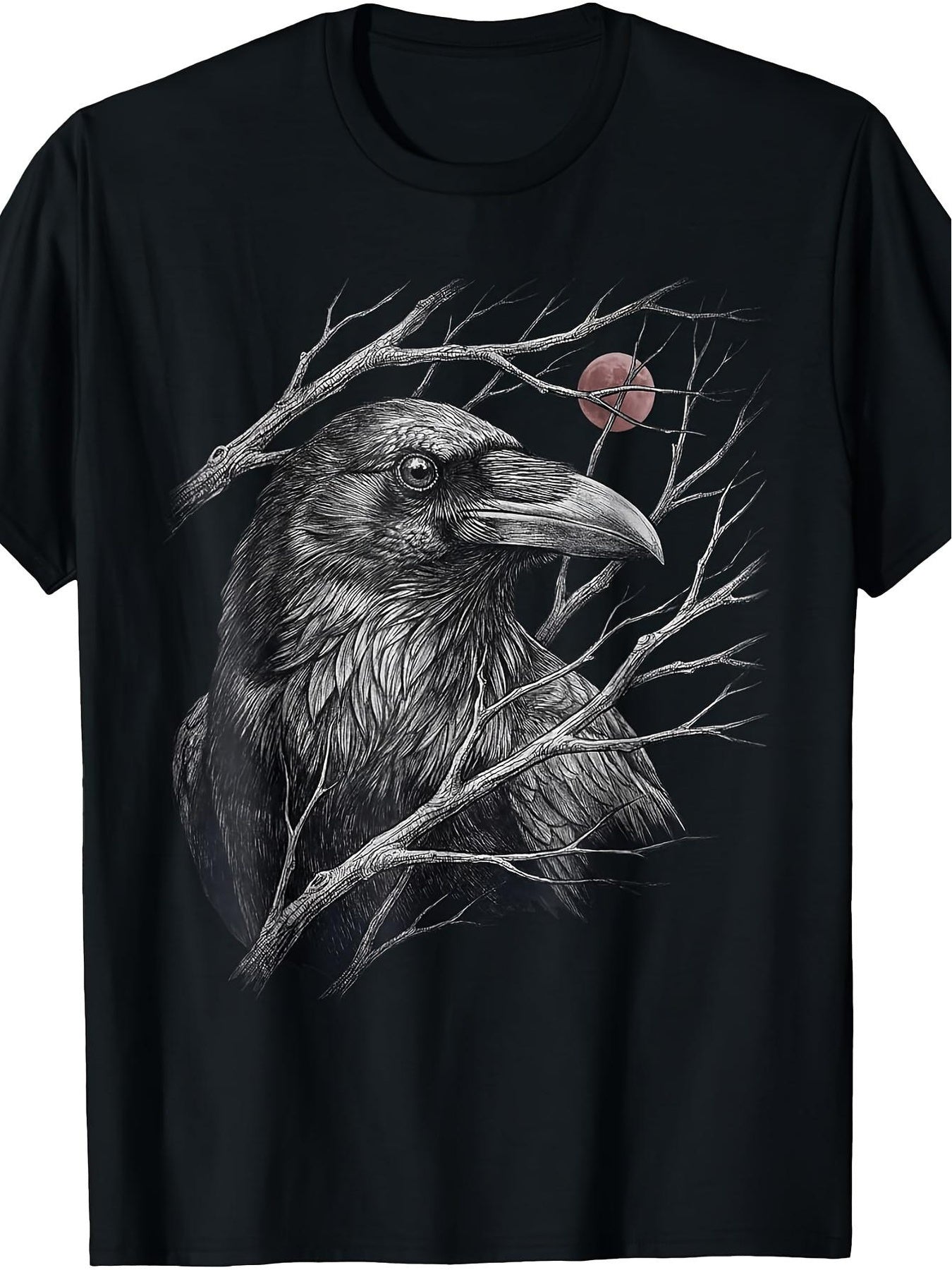 Gothic Raven Red Moon Graphic TShirt, Vintage Sketch Crow with Bare Branches Short Sleeve Tee, Dark Art Casual Top