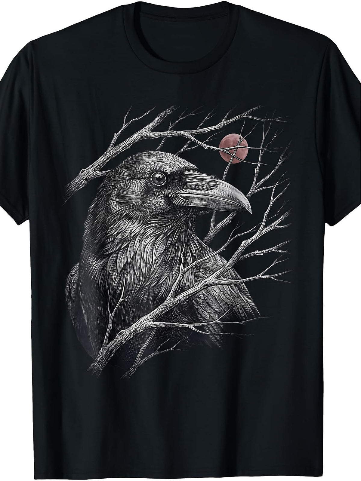 Gothic Raven Red Moon Graphic TShirt, Vintage Sketch Crow with Bare Branches Short Sleeve Tee, Dark Art Casual Top