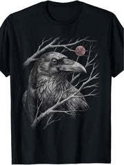 Gothic Raven Red Moon Graphic TShirt, Vintage Sketch Crow with Bare Branches Short Sleeve Tee, Dark Art Casual Top