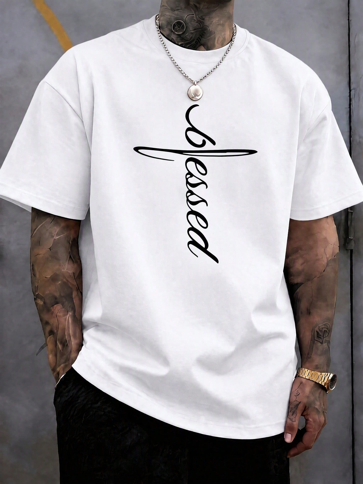 Blessed Cursive Word Combined Cross Motif Front‑Panel Print, Comfort Cut, For Camping Fitness Daily Business Leisure Outing