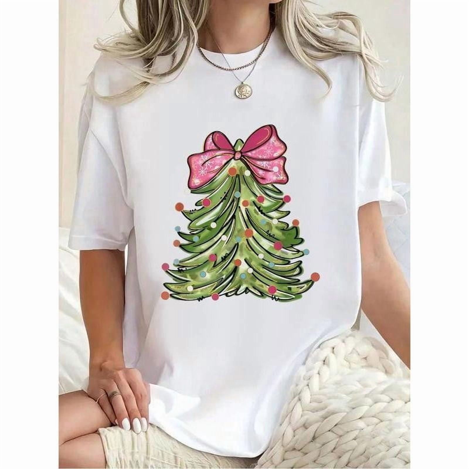 Christmas Tree With Coquette Bow Xmas Christmas TShirt Round Neck Short Sleeve