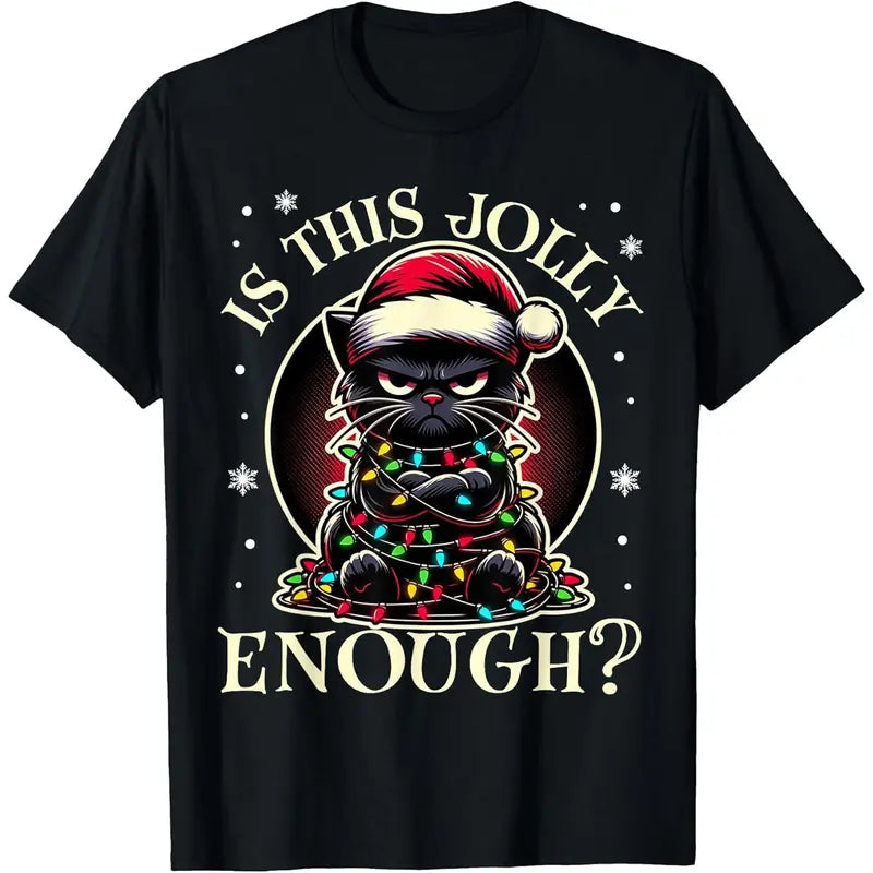 Cotton Short-Sleeve Round Neck Graphic Christmas T-Shirt - Funny Black Cat Tree Lights Print,Funny Christmas Gifts