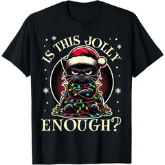 Cotton Short-Sleeve Round Neck Graphic Christmas T-Shirt - Funny Black Cat Tree Lights Print,Funny Christmas Gifts