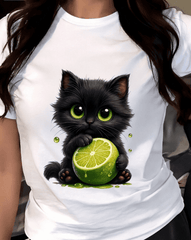Cute Cat And Lime Print T-Shirt, Women's Casual Round Neck Short Sleeve Top, Summer Loose Fit Tee, Cute Animal Print Shirt