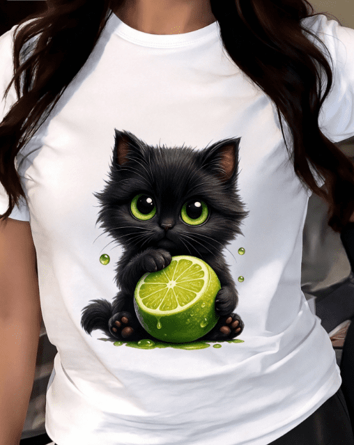 Cute Cat And Lime Print T-Shirt, Women's Casual Round Neck Short Sleeve Top, Summer Loose Fit Tee, Cute Animal Print Shirt