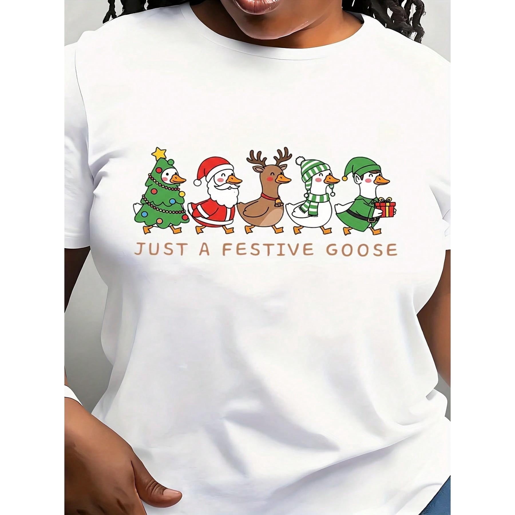 Funny Christmas Goose T-Shirt, Festive Goose Graphic Tee with Santa, Christmas Tree and Reindeer, Unisex Holiday Shirt for Men and Women