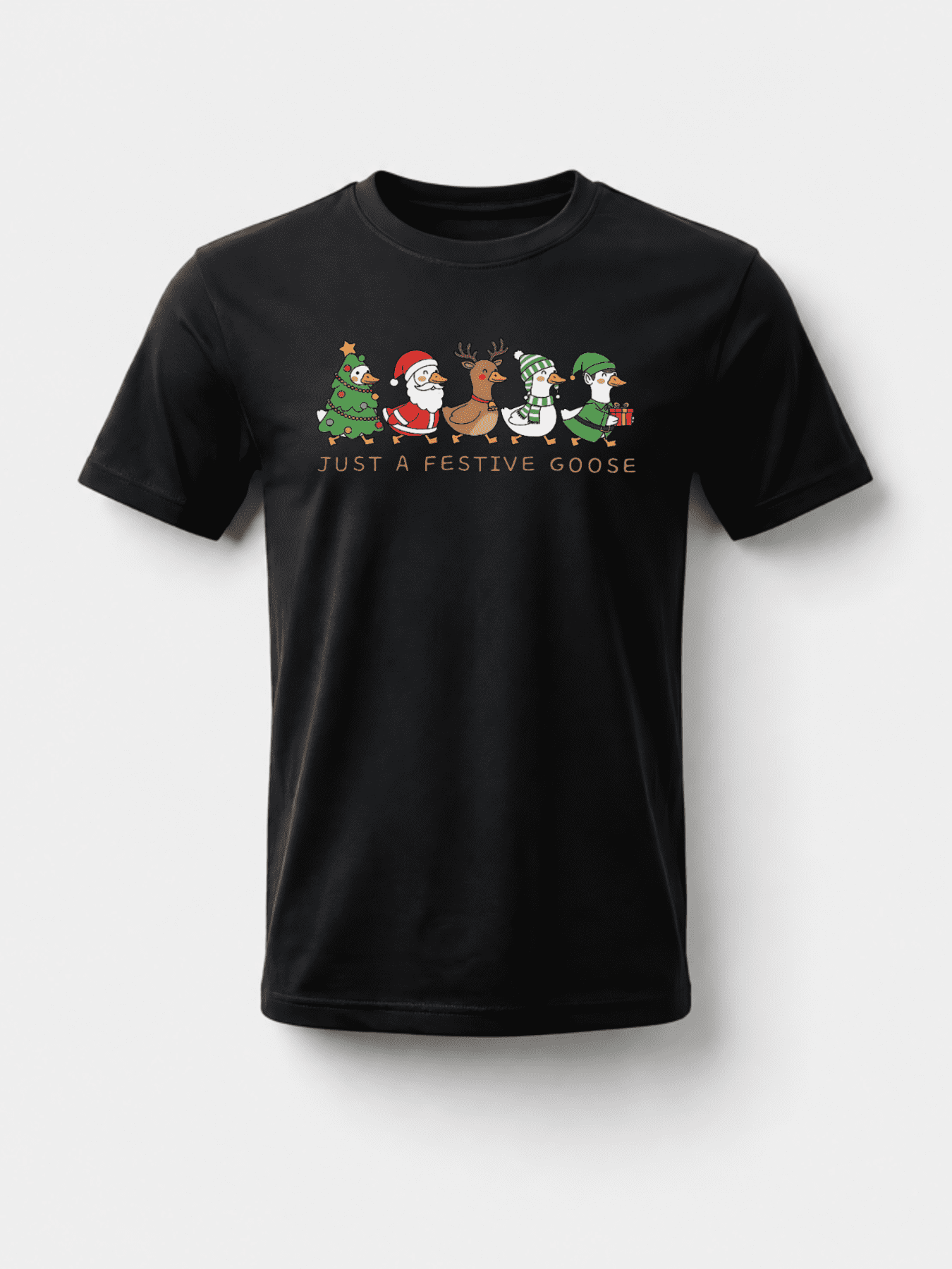 Funny Christmas Goose T-Shirt, Festive Goose Graphic Tee with Santa, Christmas Tree and Reindeer, Unisex Holiday Shirt for Men and Women